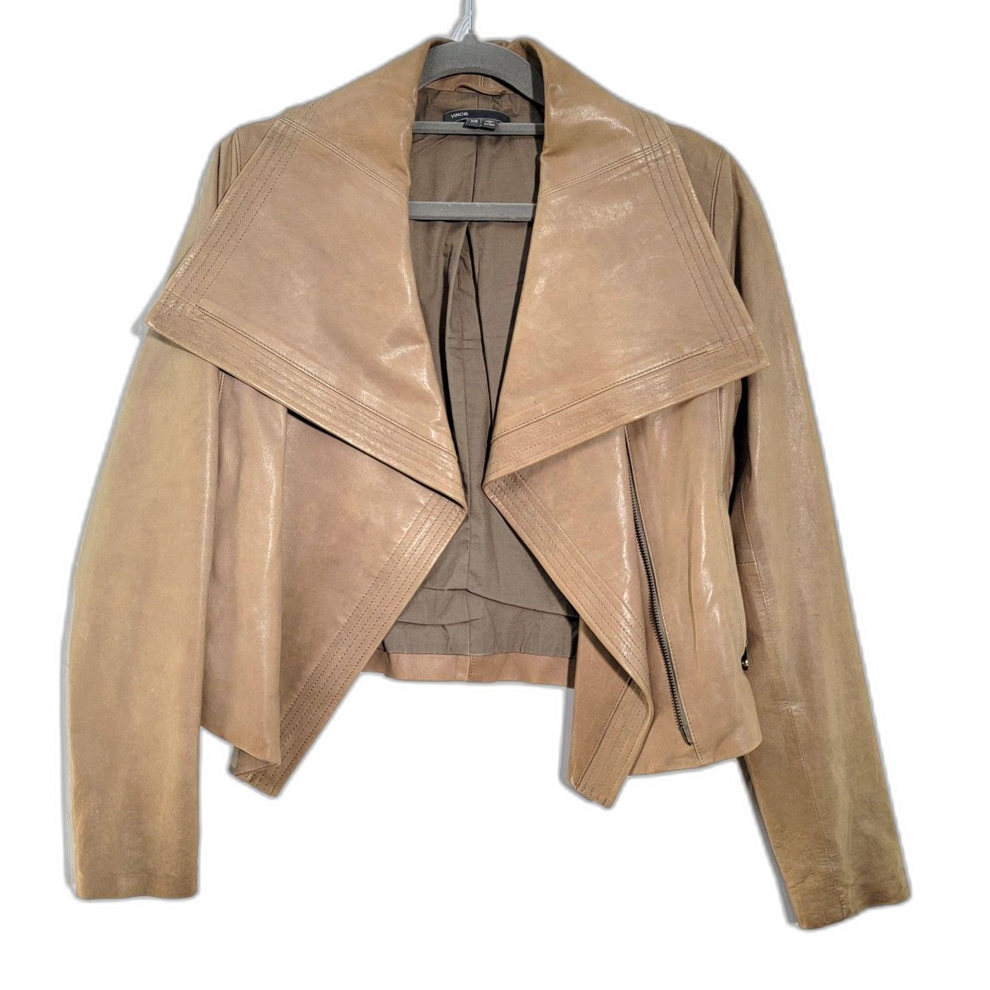 Vince Beige Tan 100% Leather Full Zip Funnel Neck Long Sleeve Jacket Pockets Xs